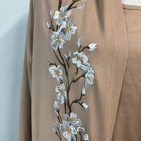 Bob Mackie 2pc Twinset size Large Brown Khaki Stretch Jersey Floral Embroidery - Picture 4 of 9